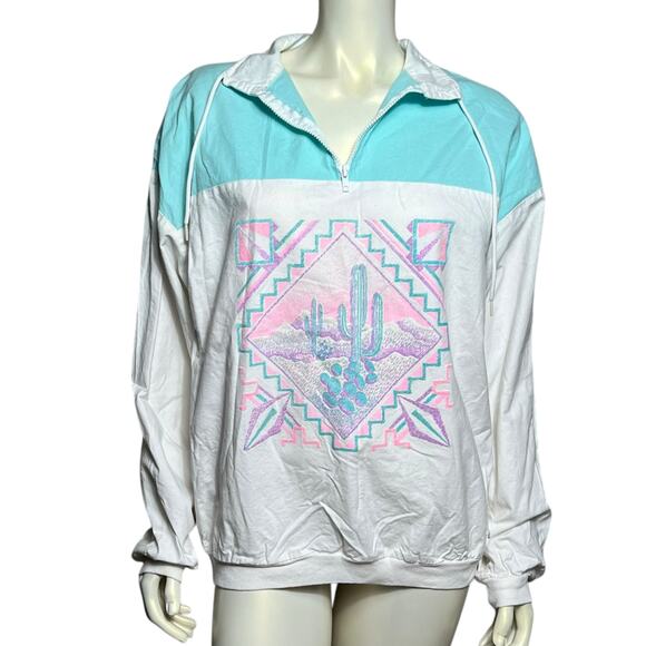 Vintage 90s Cotton Fitz Desert Cactus Windbreaker Southwestern Aztec Pastel XL - Picture 2 of 9